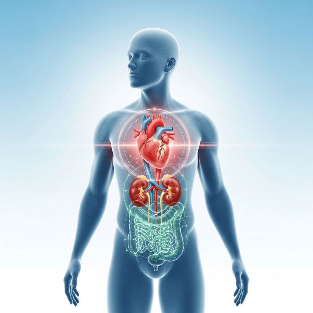 Una ilustración médica moderna que muestra la silueta de una persona sana con un corazón, riñones y sistema metabólico visibles y en equilibrio, simbolizando la prevención del síndrome cardiovascular-renal-metabólico.