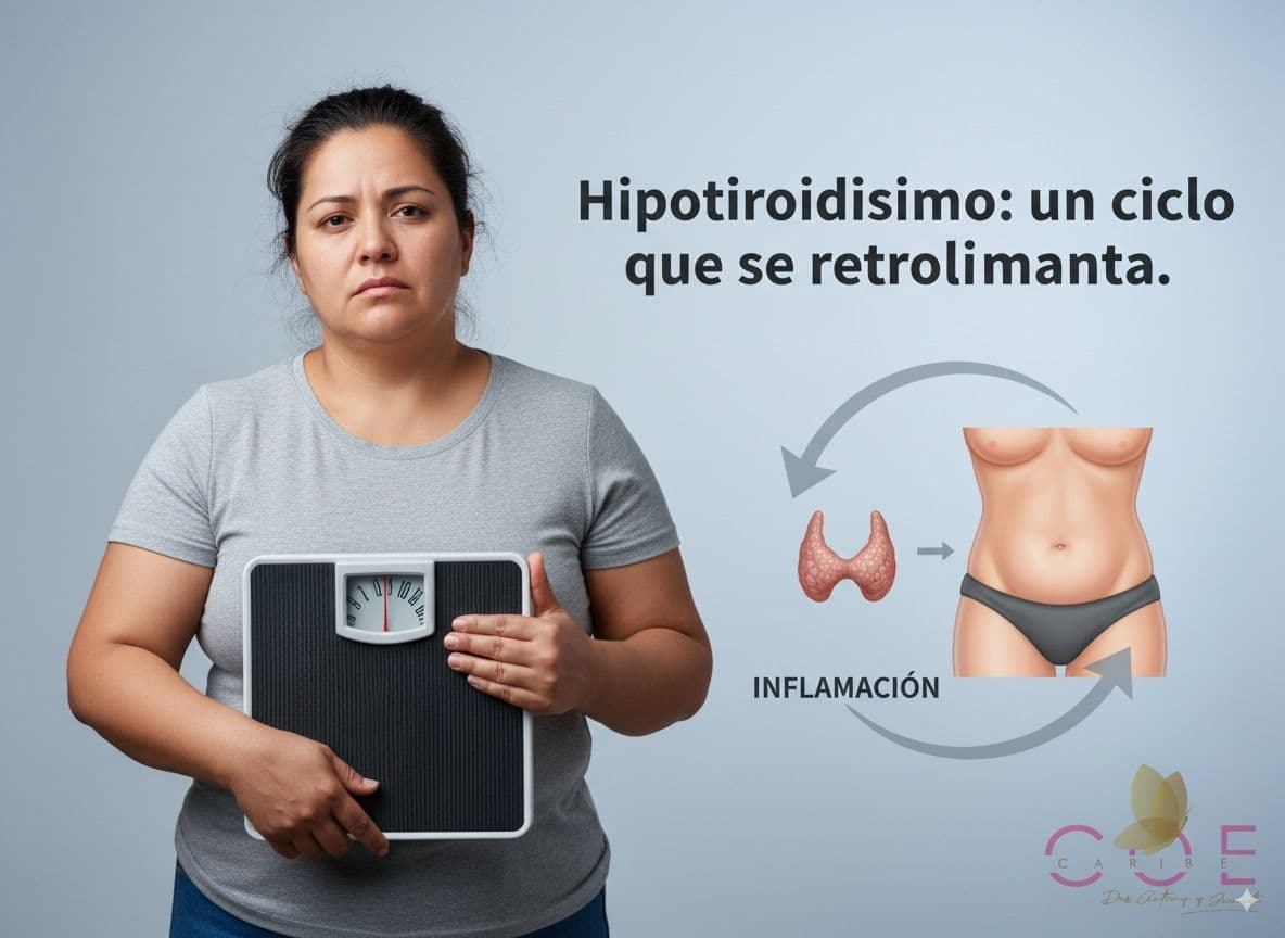 Mujer con obesidad clase I y expresión de frustración, sosteniendo una báscula. A su derecha, un diagrama médico ilustra el ciclo entre el hipotiroidismo y el aumento de grasa abdominal, con la flecha de retorno etiquetada como 'inflamación'. El texto superpuesto dice: 'Hipotiroidismo: un ciclo que se retroalimenta.